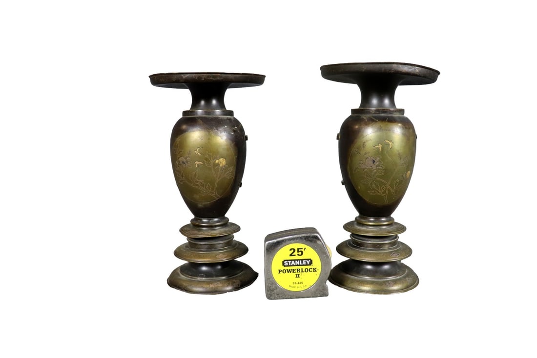 PAIR BRONZE CHINESE VASES: Painted. Bronze. 11 1/4" h x 6" diameter.