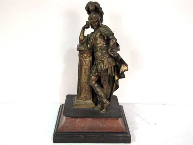 21" FRENCH BRONZE of a CENTURION: Balck and rouge marble base with damages. Good condition. 21" high including base.