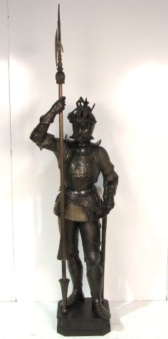 84" PATINATED SPELTER STATUE of a ARMOURED KNIGHT: Some small damages. Bronze patinated. Good condition. 64 1/4" to top of helmet. 84 1/2" to top of spear.