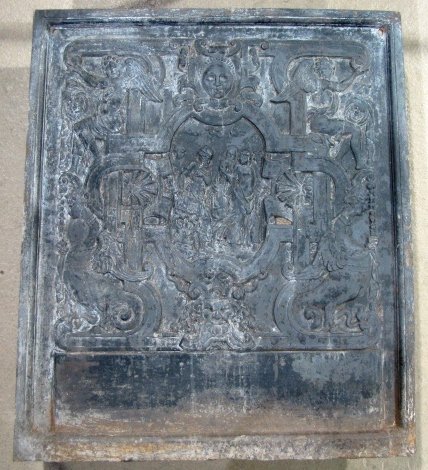 19th c. CAST IRON FIGURAL FIREBACK: Good condition. 46"h. x 39 1/2"w.