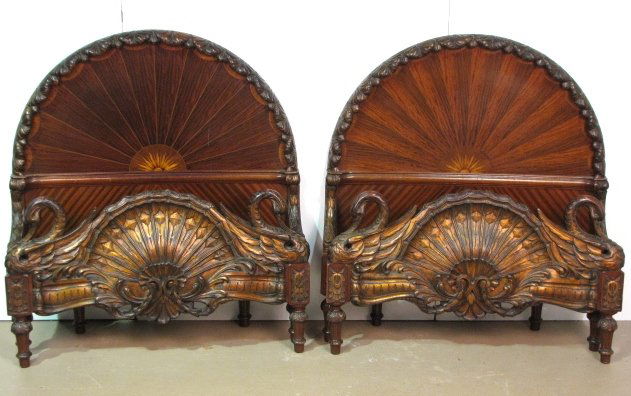 Pair INLAID SWAN CARVED TWIN BEDS: Sunburst inlays. Gilt carved swans. Repair to one swan neck. Headboards 46" high.