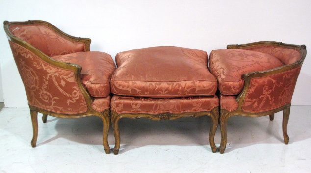 FRENCH STYLE 3 pc. CHAISE LOUNGE: Very good condition with worn fabric at headrest. 31"h. x 27"w. x 76"d.