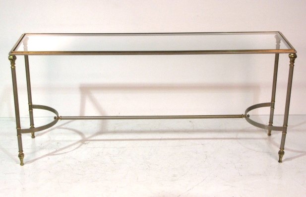 ITALIAN BRASS & METAL SOFA TABLE: Very good condition. Some pitting to metal. 26 1/2"h. x 60 1/4"w. x 16 1/4"d.