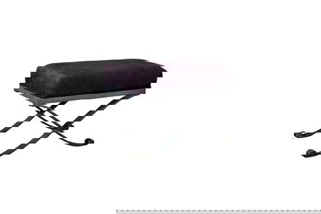 WROUGHT IRON X BENCH: Wrought iron base. Upholstered seat. Painted. 18 3/4" h x 17 1/2" w x 15 3/4" d.