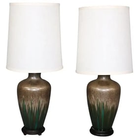 PAIR MID CENTURY MODERN GREEN POTTERY GLAZED TABLE LAMPS