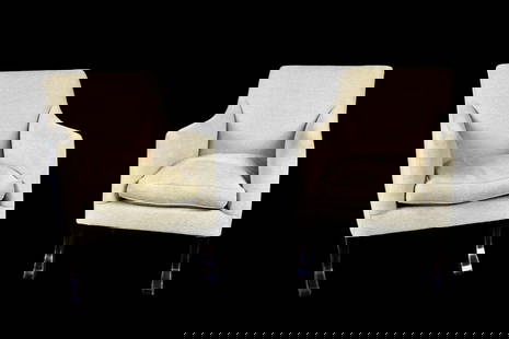 PAIR CUSTOM MODERN REGENCT STYLE BERGERES: Painted wood legs. Upholstered. 35 1/2" h x 25 3/4" w x 34" d. Seat height 17 1/2".