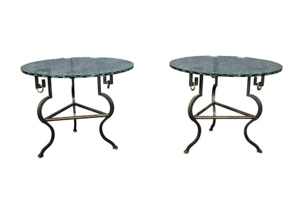 PAIR GLASS TOP REGENCY STYLE GUERIDONS WITH GREEK KEY GLASS TOPS