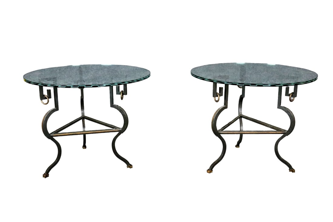 PAIR JEAN MICHELLE FRANK STYLE GUERIDONS WITH GREEK KEY GLASS TOPS: Wrought iron frames. Glass tops with etched greek key design. 28 1/2" h x 36" diameter.