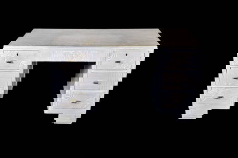 EXCEPTIONAL PERIOD FRENCH ART DECO DESK: White washed Painted finish. Carved. 6 dovetailed drawers. Metal hardware. 30 1/2" h x 53 1/4" w x 28" d.