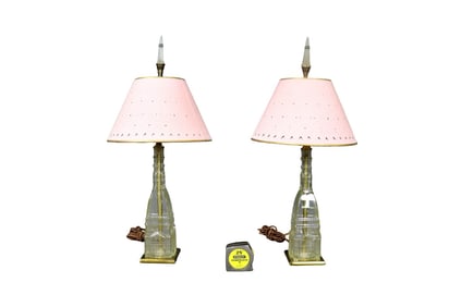 PAIR GLASS & BRASS ARCHITECTUAL MODERN TABLE LAMPS