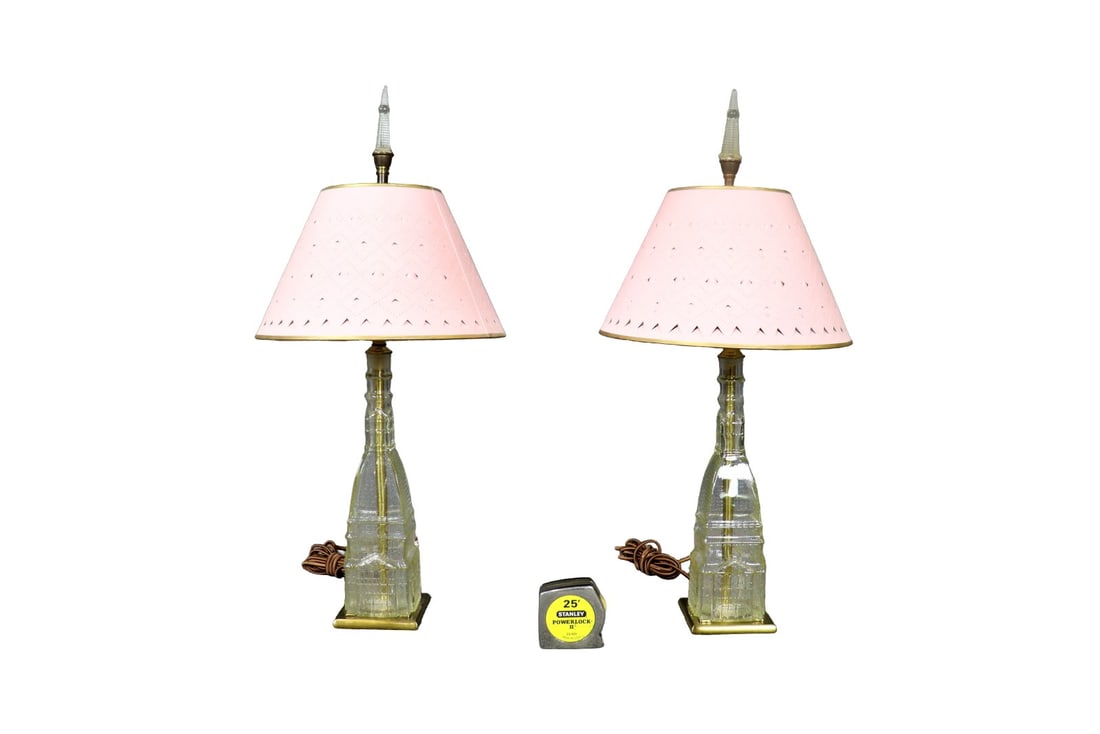 PAIR GLASS & BRASS ARCHITECTUAL MODERN TABLE LAMPS (1 of 10)