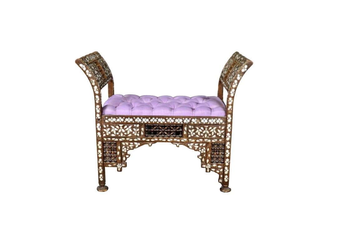 MOROCCAN WINDOW BENCH: Wood. Mother of pearl inlay. Upholstered tufted seat. 28 1/2" h x 35" w x 15 3/4" d.