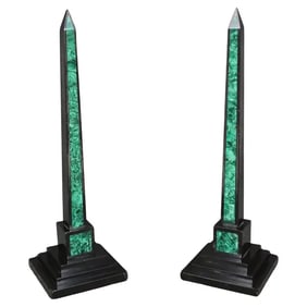 PAIR ANTIQUE ITALIAN GRAND TOUR STYLE MARBLE & MALACHITE OBELISKS
