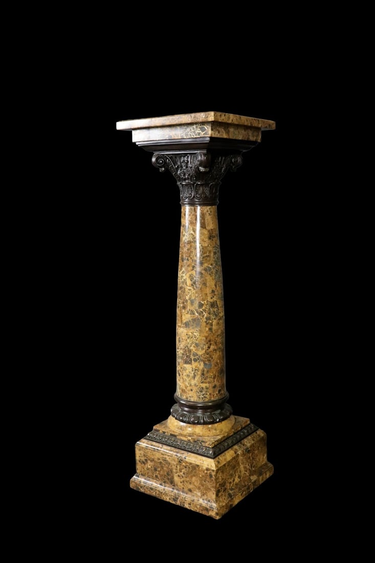 FAUX MARBLE & METAL PEDESTAL: Faux marble. Metal accents. 45 5/8" h x 13 1/2" w x 13 1/2" d.