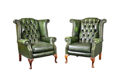 PAIR ENGLISH LEATHER TUFTED WING CHAIRS