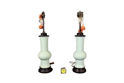 PAIR CHINESE CELADON GU SHAPED PORCELAIN LAMPS