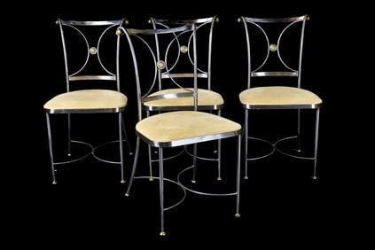 4 JANSEN STYLE CHROME & BRASS SIDE CHAIRS