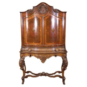 LOUIS XV STYLE INLAID CARVED WALNUT CHINA CABINET/BAR