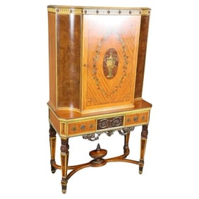 ADAMS PAINT DECORATED BURLED WALNUT & SATINWOOD CHINA CABINET/BAR