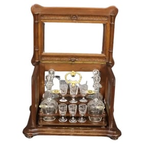 FRENCH WALNUT CASE 18 PIECE DECANTER & CORDIAL TANTALUS SET