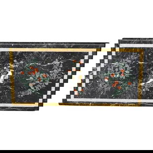 PIETRA DURA MARBLE INLAID RECTANGULAR DINING TABLE TOP: NO BASE. Inlaid birds, flora and fauna, grapes and leaves. Marble.1960's. 25 1/4" h x 51 1/4" w x 1 1/2" d.