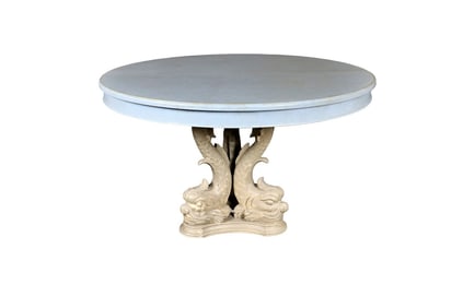 REGENCY STYLE DISTRESSED PAINT DECORATED CARVED KOI DINING TABLE