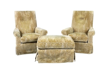 PAIR ART DECO STYLE UPHOLSTERED CLUB CHAIRS & 1 OTTOMAN