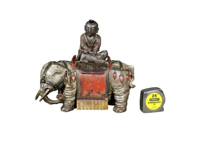 ASIAN WOOD SCULPTURE CHILD RIDING ELEPHANT