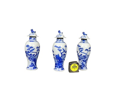 3 CHINESE BLUE & WHITE PORCELAIN VASES WITH LIDS