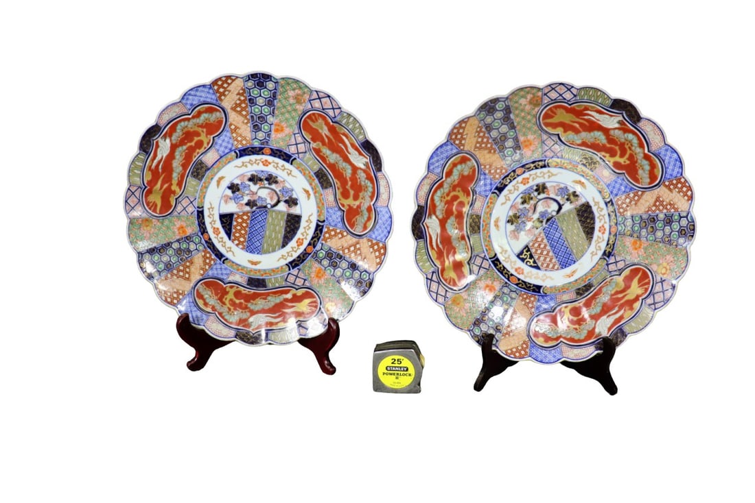 PAIR IMARI JAPANESE EXPORT PORCELAIN PLATES: Porcelain. Painted. 2" h x 18" diameter.