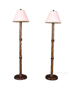 PAIR MURANO GLASS FLOOR LAMPS: Amber colored murano glass floor lamps with shades. 70 "h x 13 1/4" w x 13 1/4" d.
