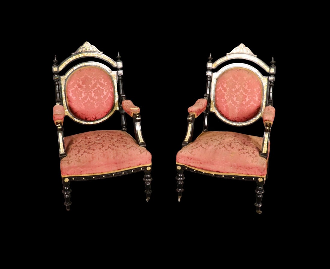PAIR 19TH C ENGLISH LACQUERED MOTHER OF PEARL OPEN ARM CHAIRS (1 of 11)