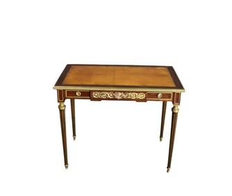 19TH C LOUIS XVI STYLE BRONZE MOUNTED LEATHER TOP SALON TABLE