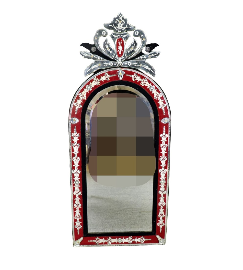 RED VENETIAN MIRROR: Red accents. Etched glass. Beveled glass edge. 55 1/4" h x 24" w x 1" d.