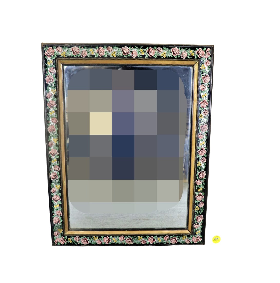 ENGLISH REVERSE PAINTING ON MIRROR: Flowers reverse painted. Wood frame. 49 1/2" h x 39 3/4" w x 1 1/4" d.