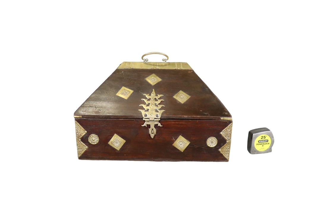BRASS & WALNUT CHEST: Brass. Walnut. Flip up top. 15" h x 18 1/4" w x 15 1/8" d.