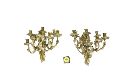 PAIR BRONZE LOUIS XV STYLE 8 ARM SCONCES