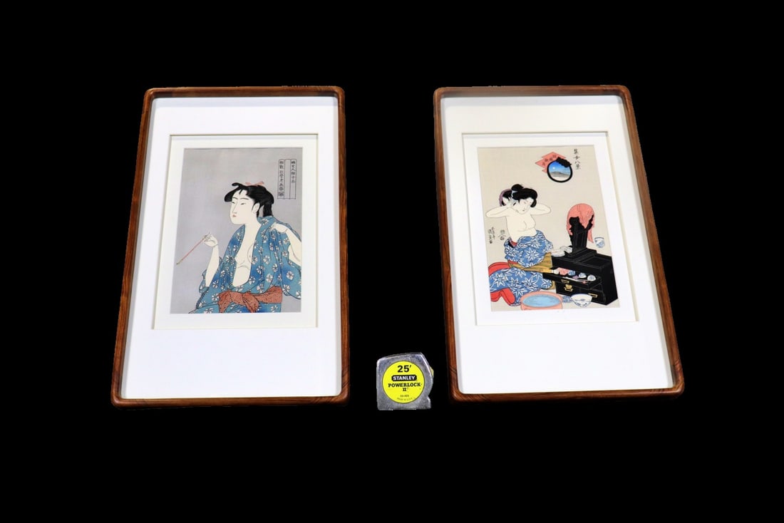 1 UTAMARO WOOD BLOCK PRINT & 1 KUNISADA WOOD BLOCK PRINT: Untitled. Framed measures 21 3/4" h x 13 3/8" w x 1 3/4" d.