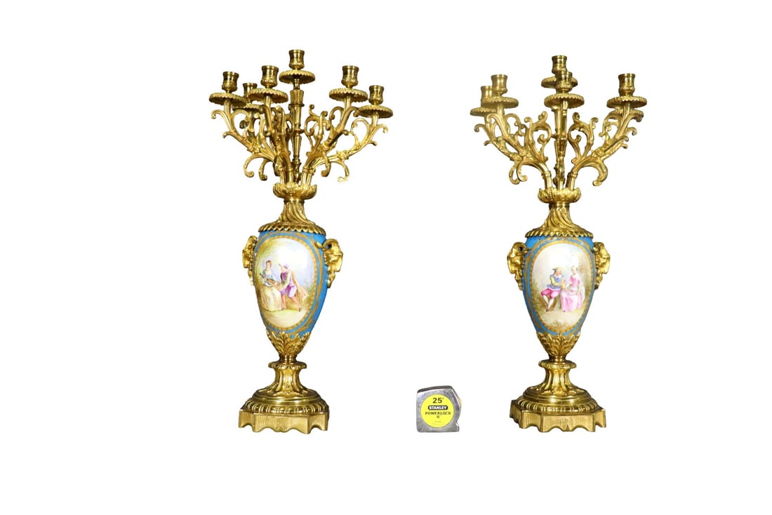 PAIR SEVRES STYLE CELESTIAL BLUE & PORCELAIN CANDELABRAS (1 of 10)