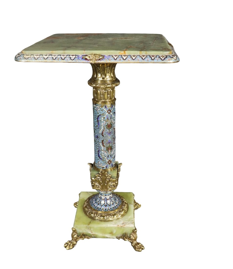 FRENCH GREEN ONYX GILT BRONZE & CHAMPLEVE ENAMEL TABLE (1 of 14)