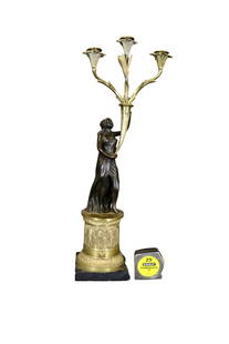 FRENCH EMPIRE BRONZE FIGURAL CANDELABRA: Bronze. Figural. 3 arms. 25 5/8" h x 9" w x 5 1/2" d.