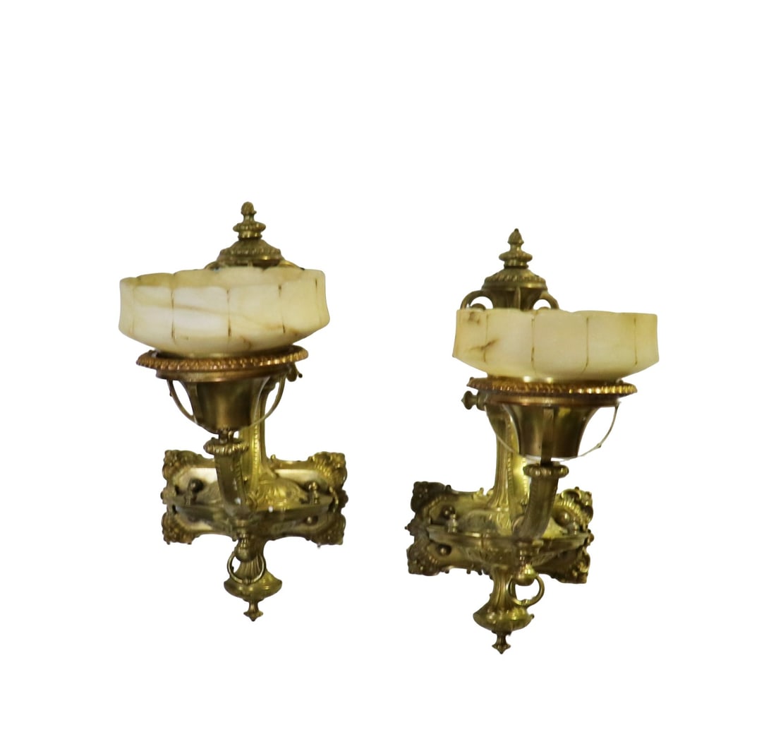 PAIR BRASS & ALABASTER CANDELABRAS (1 of 9)