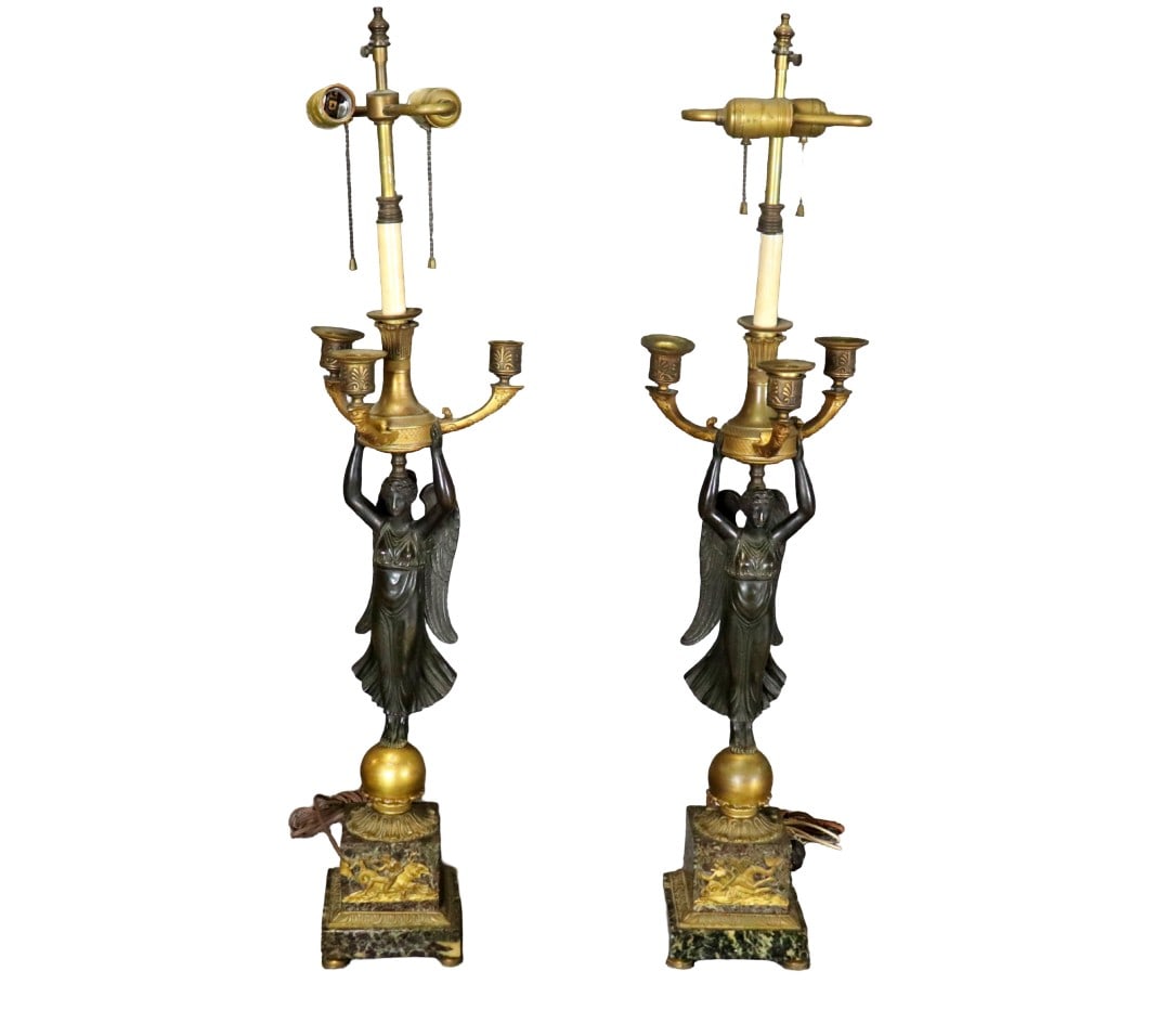 PAIR EMPIRE FIGURAL BRONZE & MARBLE CANDELABRAS (1 of 12)
