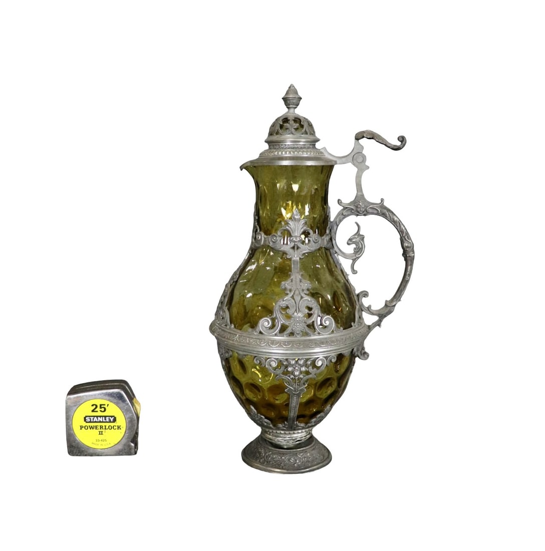 ENGLISH PEWTER VASE WITH LID: Pewter. Glass. 16" h x 9" w x 7" d.