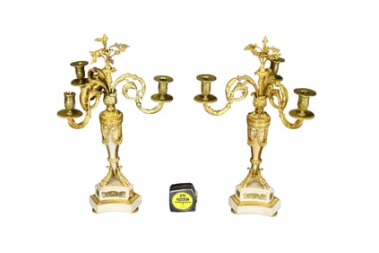 PAIR BRONZE & MARBLE 3 ARM CANDELABRAS