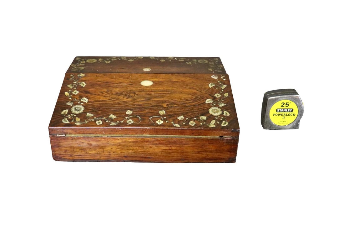 MOTHER OF PEARL DESK SET: Mother of pearl. Wood. Flip down top. 4 1/2" h x 12 3/4" w x 10" d.