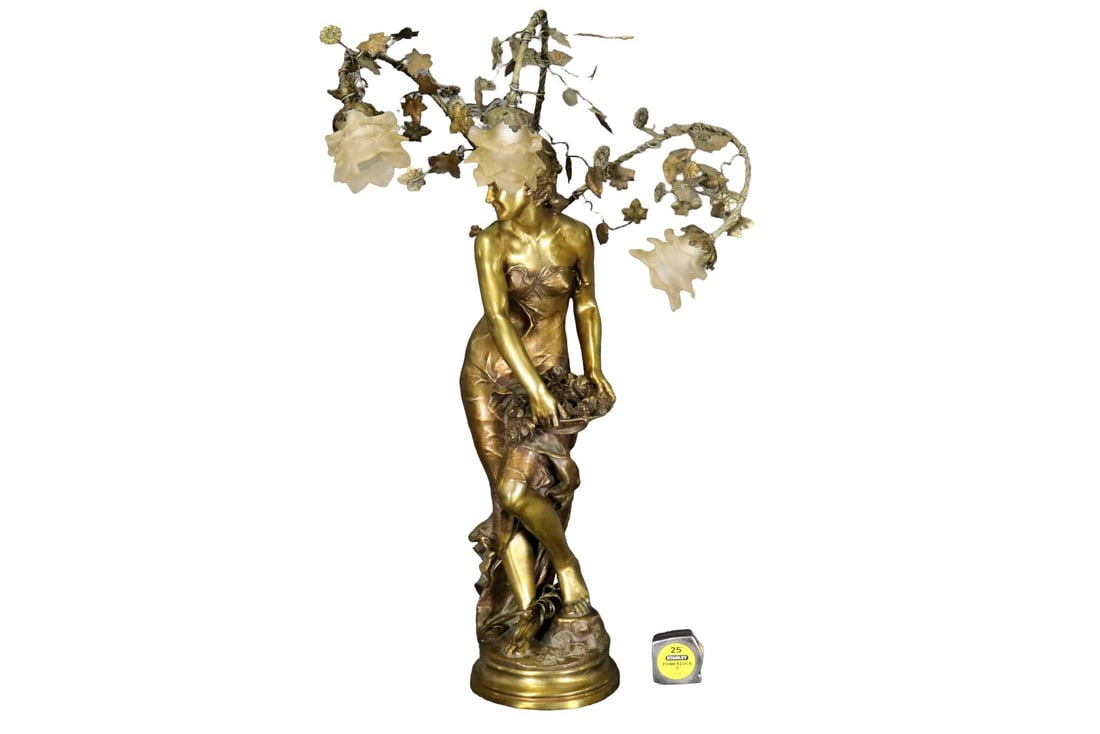 SIGNED 19TH C FRENCH BRONZE SEMINUDE LADY FIGURAL LAMP (1 of 8)