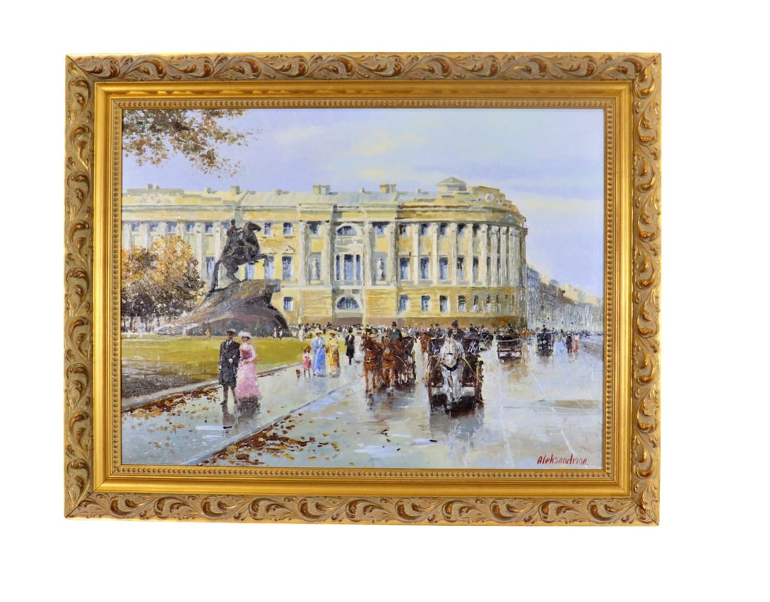 IREN ALEKSANDRINA STREET SCENE: Corporate de Acquisition. Iren Aleksandrina (Russian 20th Century). Street Scene, 2008). Signed lower right and verso. Unframed measures 20" h x 24" w. Framed measures 30" h x 37 1/2" w x 2" d.