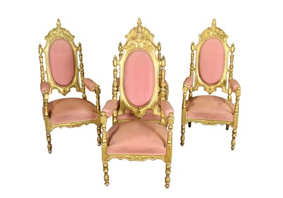 4 LOUIS XVI STYLE GOLD LEAF CARVED OPEN ARMCHAIRS