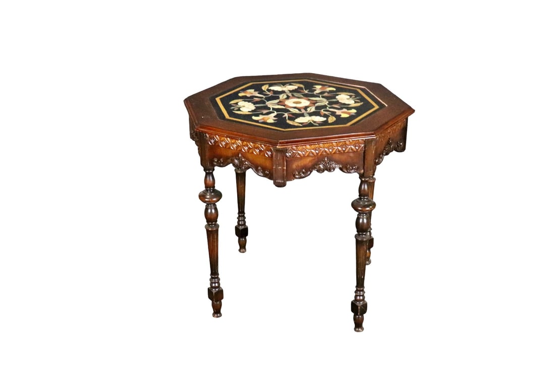 VICTORIAN CARVED WALNUT MOSAIC TOP TABLE: Carved. Walnut. Mosaic top. 29 1/2" h x 30" w x 30" d.